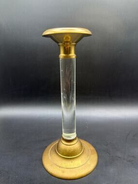 Brass & Clear Lucite 9” Candlestick Round Base Hollywood Regency Mid century